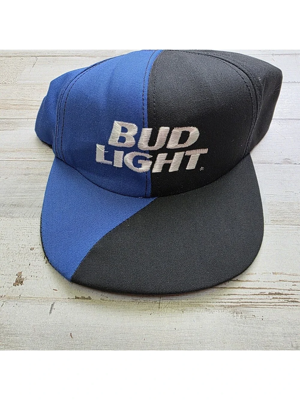 90s Made USA Vintage Half and Half Bud Light Beer Snapback Hat Blue Black Sawcut
